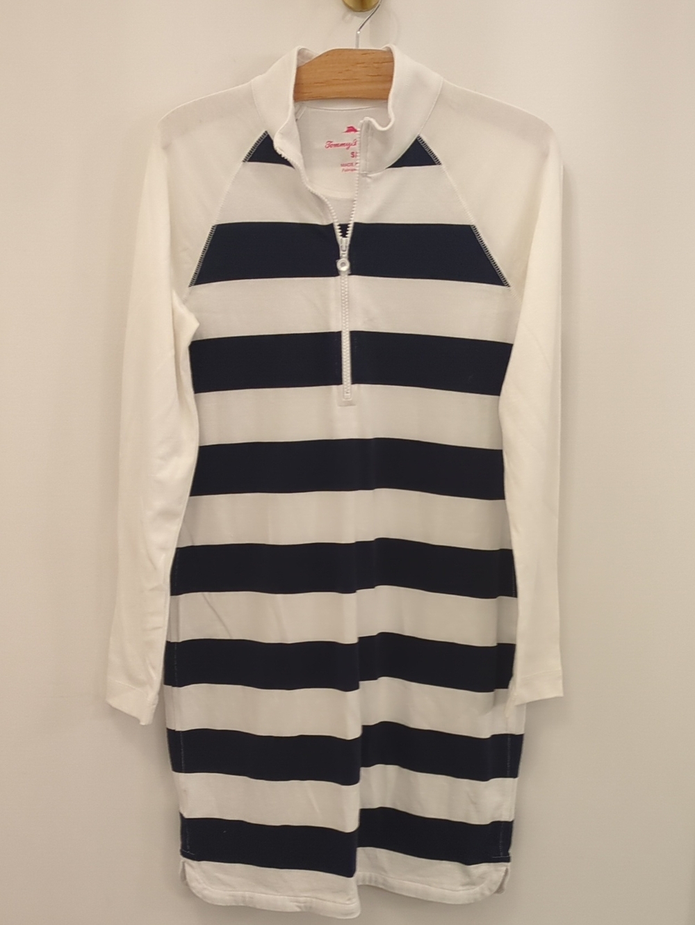 Tommy Bahama Striped Half-Zip Long Sleeve Dress - White & Navy Small